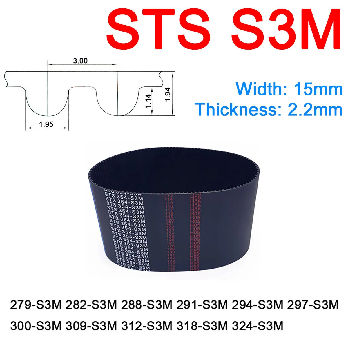 

1Pc Width 15mm S3M Rubber Arc Tooth Timing Belt Pitch Length 279 282 288 291 294 297 300 309 312 318 324mm Synchronous Belts