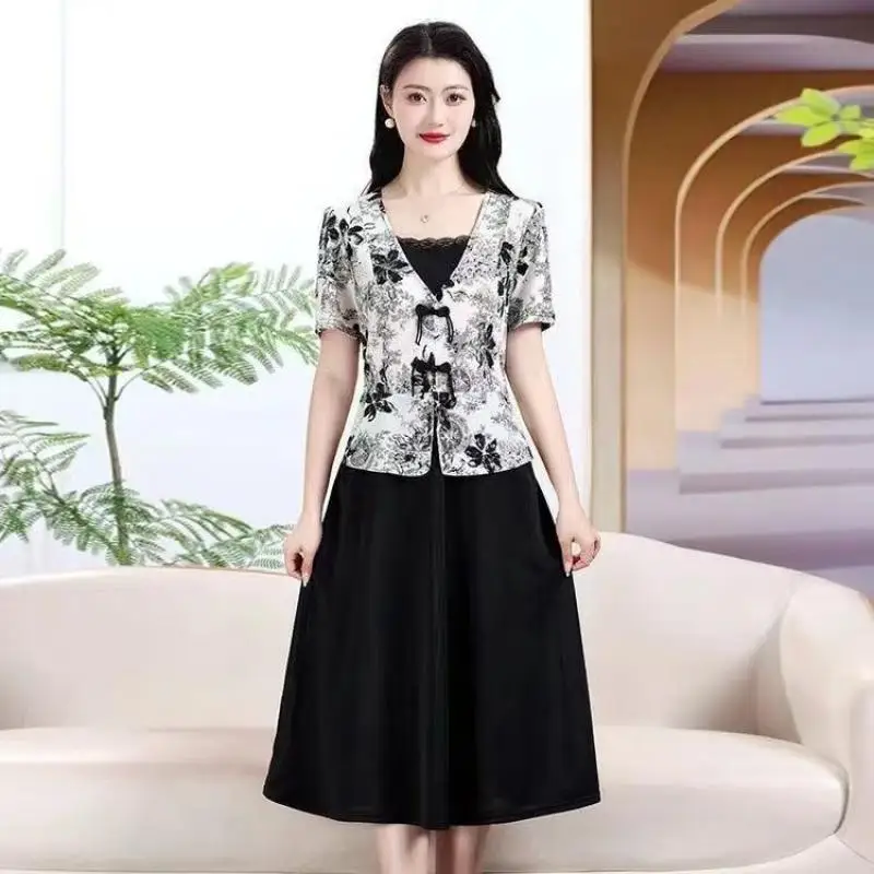 

Summer Commute Printed Patchwork Dresses Stylish Fake two pieces Casual A-Line Waist Midi Dress Women's Clothing