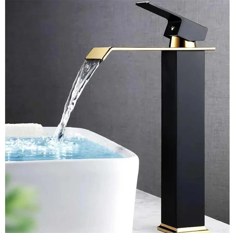 Basin Faucet Gold and Black Waterfall Faucet Brass Bathroom Faucet Bathroom Basin Faucet Mixer Tap Hot and Cold Sink faucet