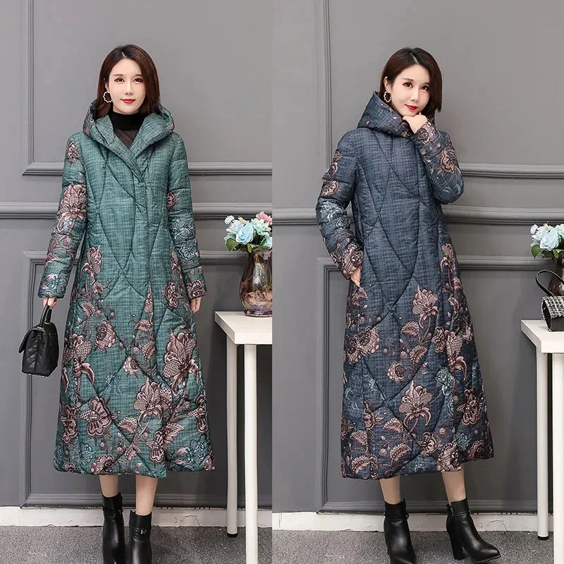

Middle-aged Elderly Winter Down Padded Jacket Womens Ethnic Style 2022 New Long Print Thick Over-the-knee Loose cotton jacket