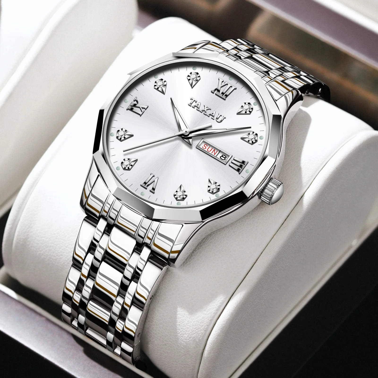 

TAXAU Original Luxury Watch for Men Stainless Steel Waterproof Rhombus Mirror Quartz Man Wristwatch High Quality Fashion Watches