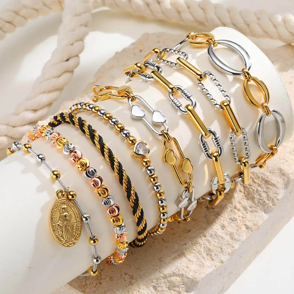 Chunky Two-Tone Mixed Metal Chain Bracelet - Stylish Adjustable Stainless Steel Waterproof Wristband