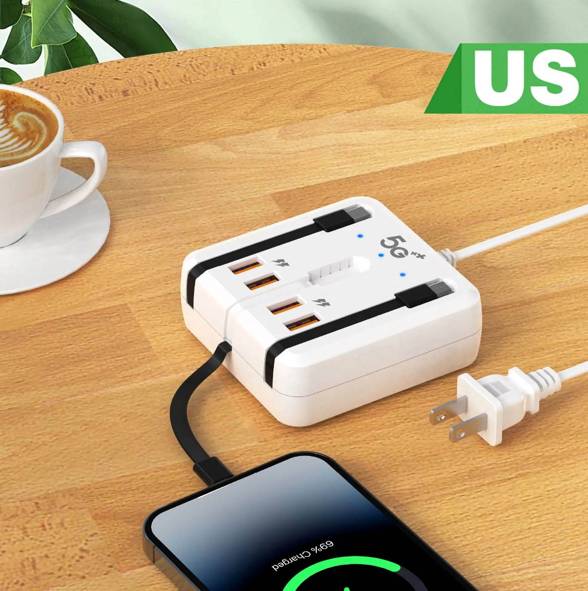 High-Speed 4-Port USB-C PD Charging Station with Integrated Power Strip and Cables