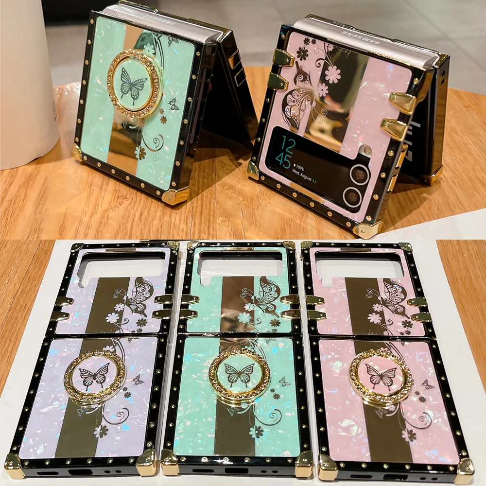 Fashion Glitter Shell Pattern Flower Butterfly Cover Per Samsung Galaxy Z Flip 3 Flip 5 Custodia Quadrata Per Samsung Z Flip 4
