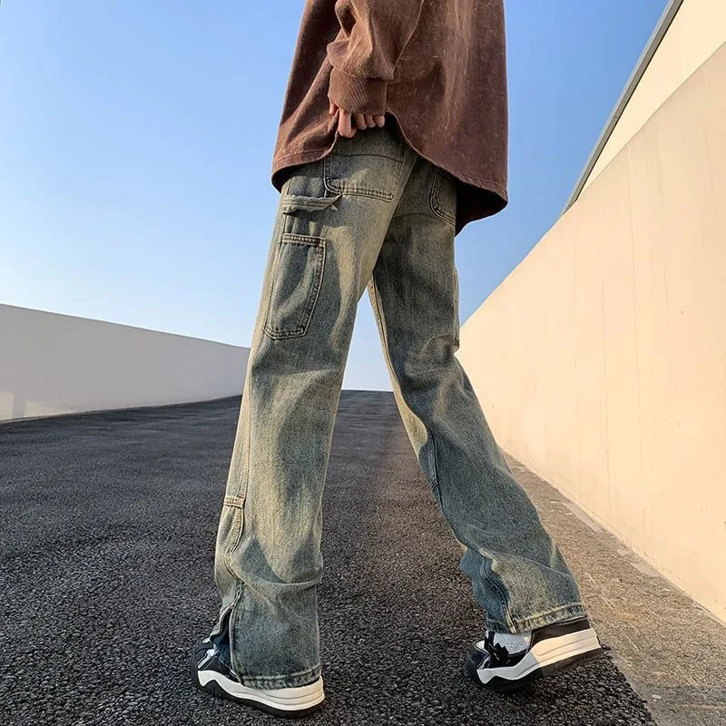 

American Stitched Zip-up Jeans Men Spring Fall Wash Distressed Retro Straight-leg Denim Pants High Street Vibe Wide-leg Trousers