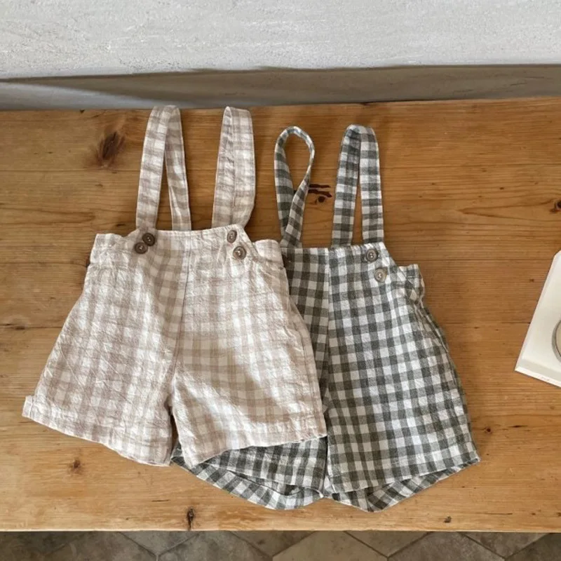Infant Boy Fashion Plaid Overalls Toddler Girl All-match Sling Shorts Baby Summer Thin Simple Cotton Linen Short Pants cotton shorts casual shorts