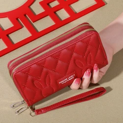 Elegant Faux Leather Women's Wallet: Solid Color Clutch with Double Zippers and Wristband (Wine red)