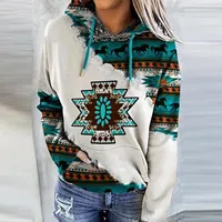 Womens Casual Geometric Horse Print Long Sleeve Drawstring Pullover Tops, Ethnic Style Hooded Sweatshirt 1