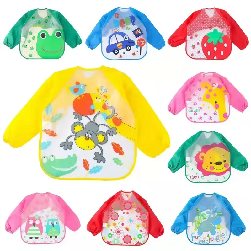 Cute Cartoon Animals Baby Bibs Waterproof Colorful Children Bib Full Sleeve Bibs Children Apron Long Sleeve Feeding Baby