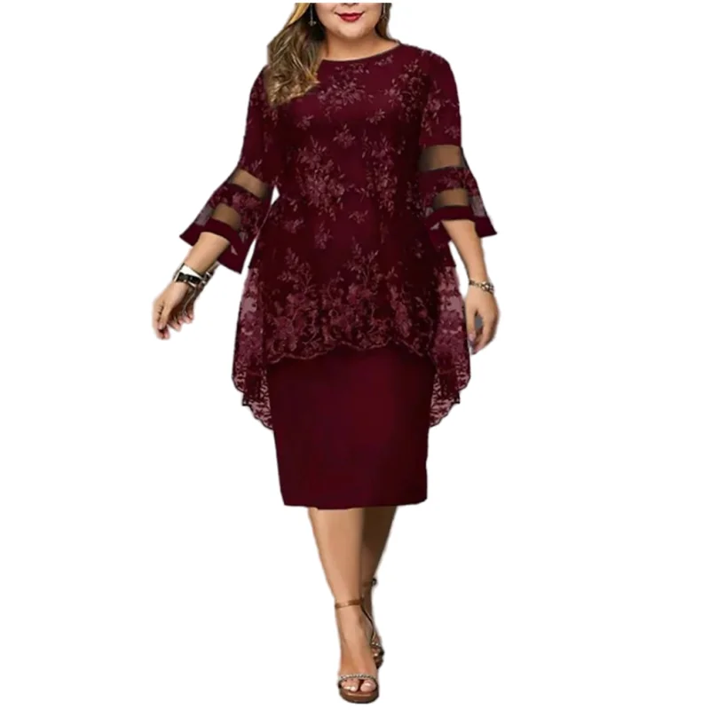Plus Size Women Clothing New Fashion and Elegant Lace Embroidery Three-quarter Sleeves Solid Color Midi Wedding Party Dress