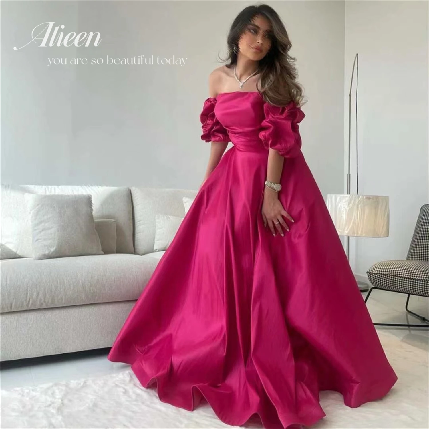 

Aileen Elegant Rose Pink A-line Prom Dress Sexy Puffy Sleeve Party Dress Silk Satin Evening Dress Satin Sweep Tail فستان سهرة