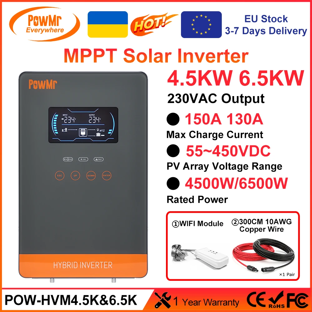 Powmr 4.5Kw 6.5Kw Mppt Solar Inverter 24V/48V 150A/130A 230Vac Con Schermo Da 6.25 Pollici 300Cm 10Awg Soalr Wire Può Funzionare Senza Batteria