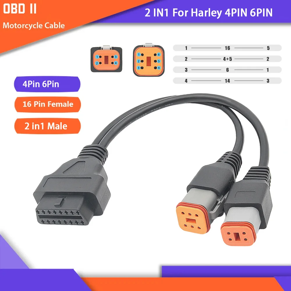 

OBD2 Motorcycle Diagnostic Adapter 2 in 1 Connector for Harley Davidson 4pin 6pin to OBD 16pin Motorbike Cable