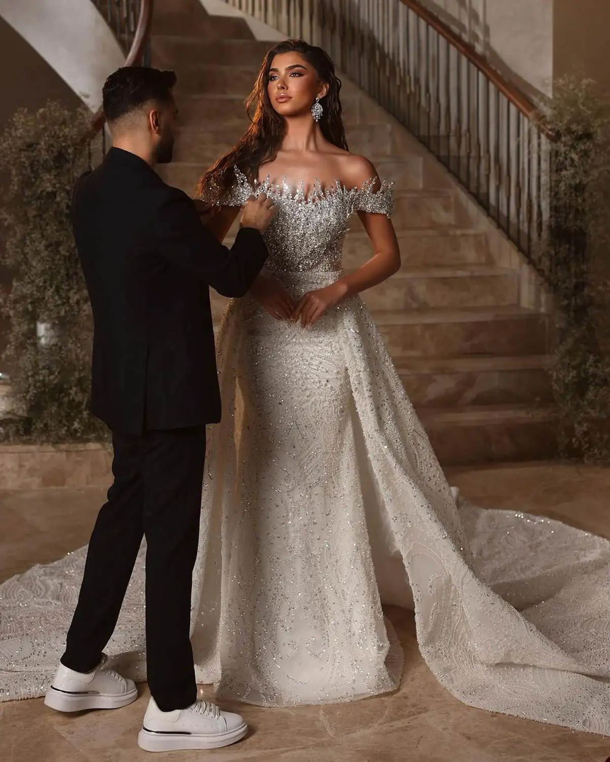 Prom Dresses Off The Shoulder Shining Lace Mermaid Detachable court Celebrity Dresses Made