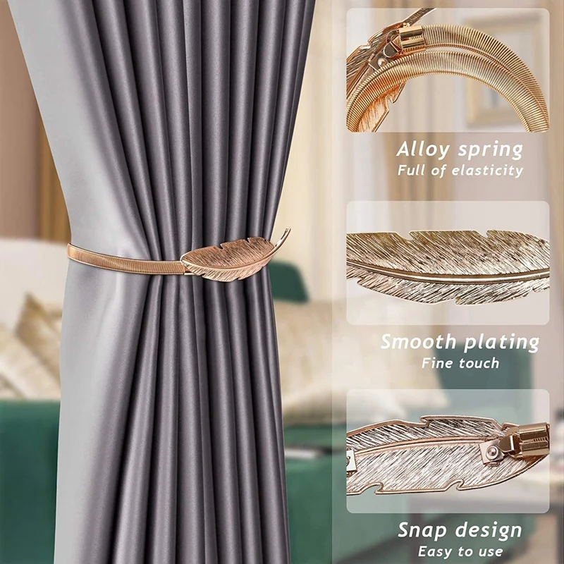 

4 Pack Curtain Tiebacks,Simple Leaves Curtain Clip Spring Soft Tie Rope Elastic Creative Hook Metal Curtain Tie