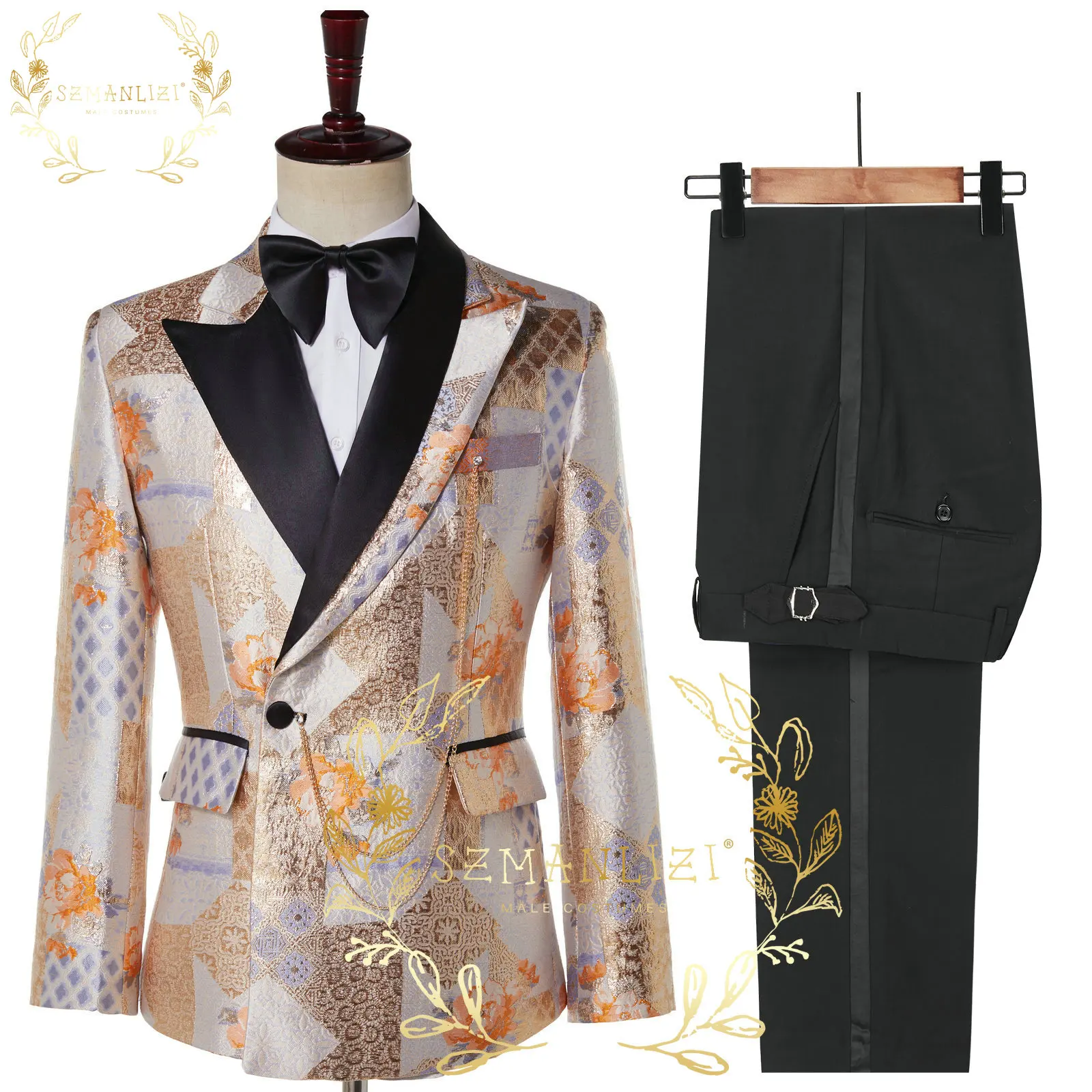 

Boutique (Blazer + Trousers) Men's Fashion Business Jacquard Elegant Slim Gentleman Wedding Casual Formal Suit 2-piece Set