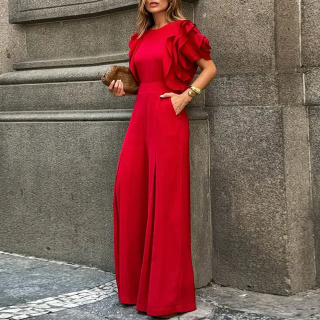 Modigirl Red Romper Jumpsuit Woman 2025 New Summer Falbala Short Sleeves Wide Leg Jumpsuits Woman Elegant Party Formal Clothes