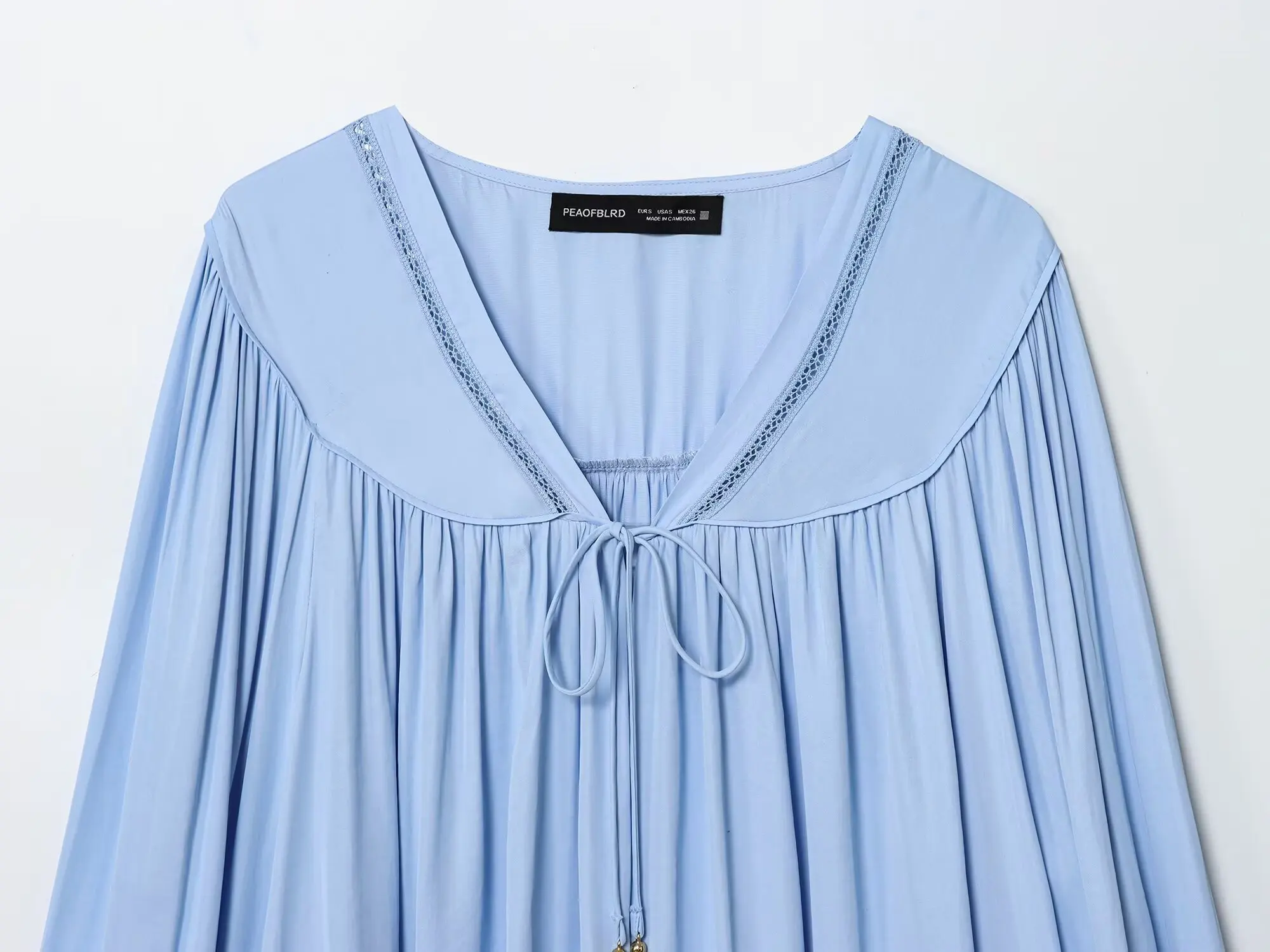 Women'S Blue Blouse Autumn New Vertical Pleated Strap Design Long Sleeve  Pullover French Elegance Loose Edition Drape Blouse