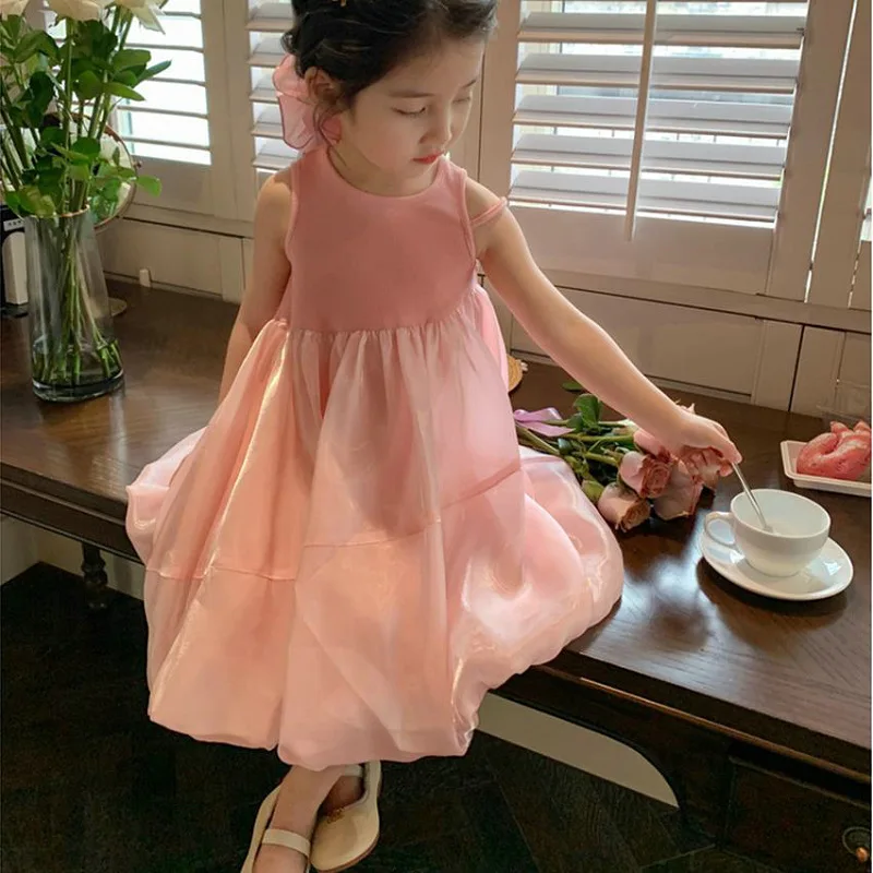 

2023 Summer Dresses Baby Girls Boutique Outfits Clothes Korean Fashion Mesh Sleeveless Princess Dress Children Clothing BC443