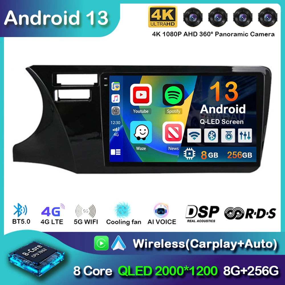 

Автомагнитола Carplay, Android 13, 4G + Wi-Fi, для Honda City, 2014, 2015, 2016, 2017, GPS-навигация, мультимедийный видеоплеер, стерео, аудио