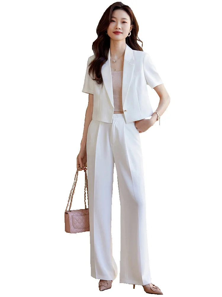 

Women's Solid Casual Suits Blazer Jacket Wide Leg High Waist Pants Office Lady Autumn Spring Crop Tops Coats Two Piece Sets