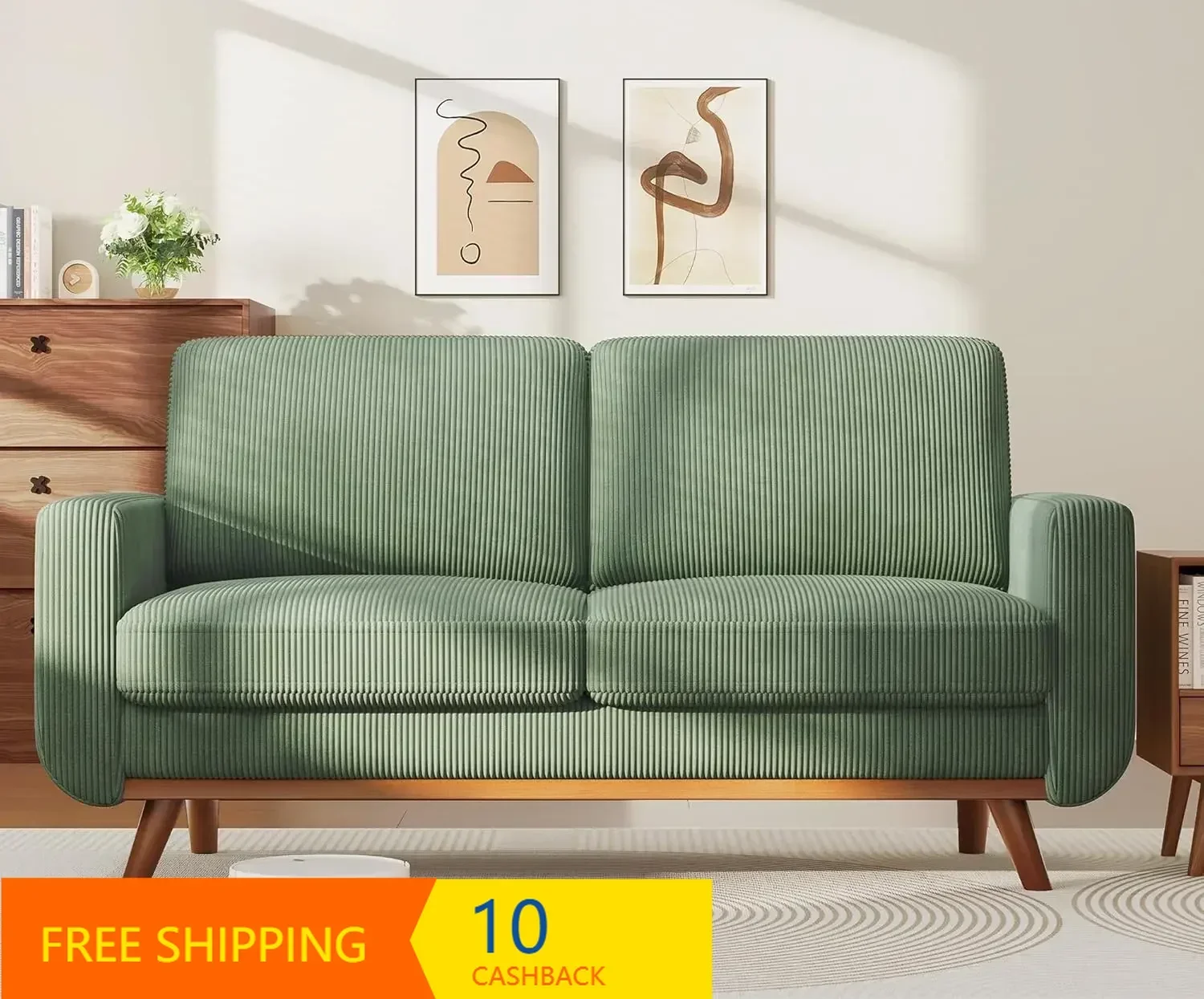 Bedroom & Living Room，68" Loveseat Sofa - Green, Comfy Corduroy with Spring Cushion, Solid Wood Frame, Modern Deep Seat