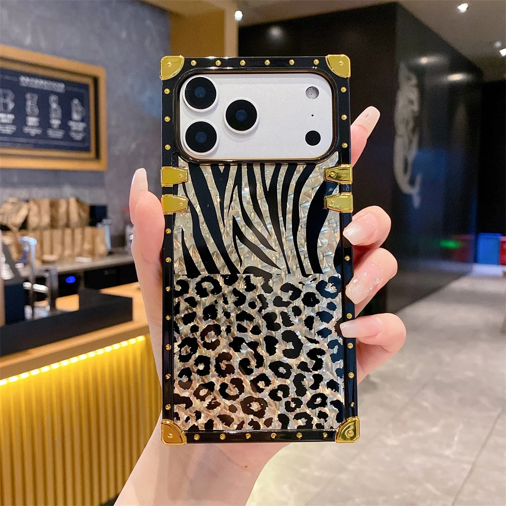Luxury Leopard Gold Plating Glitter Case with Diamond Ring Stand Cover