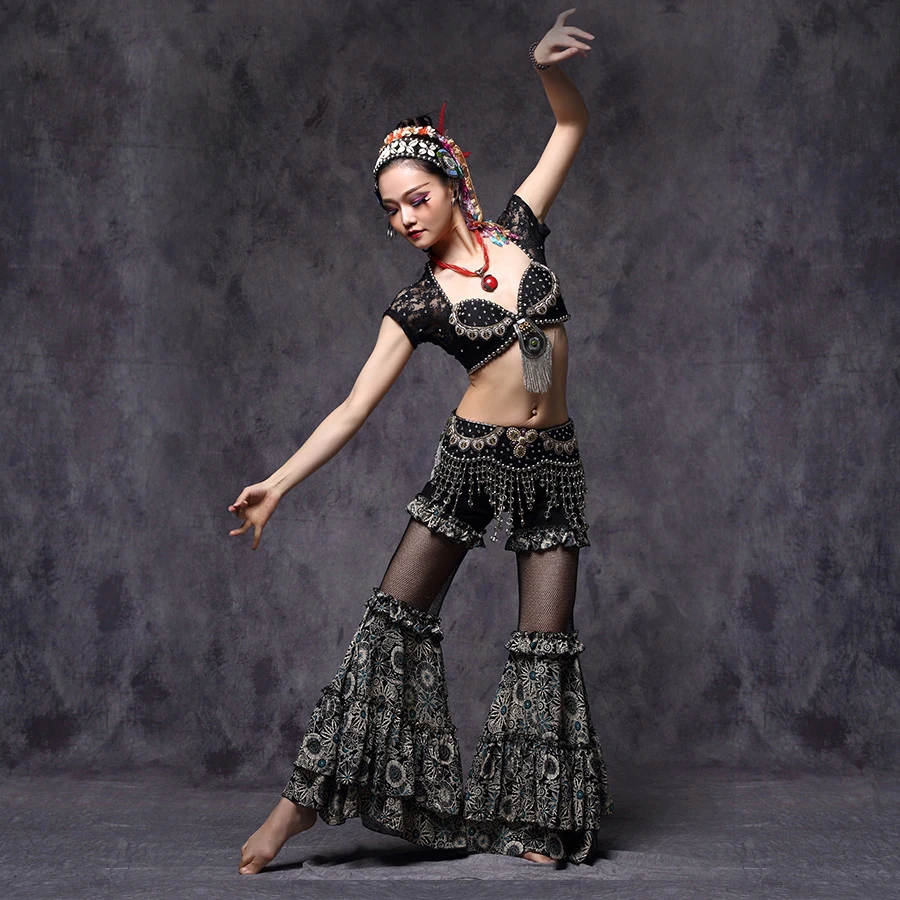 Women Tribal Belly Dance Vintage Training Clothes 3pcs Outfit Sexy Lace