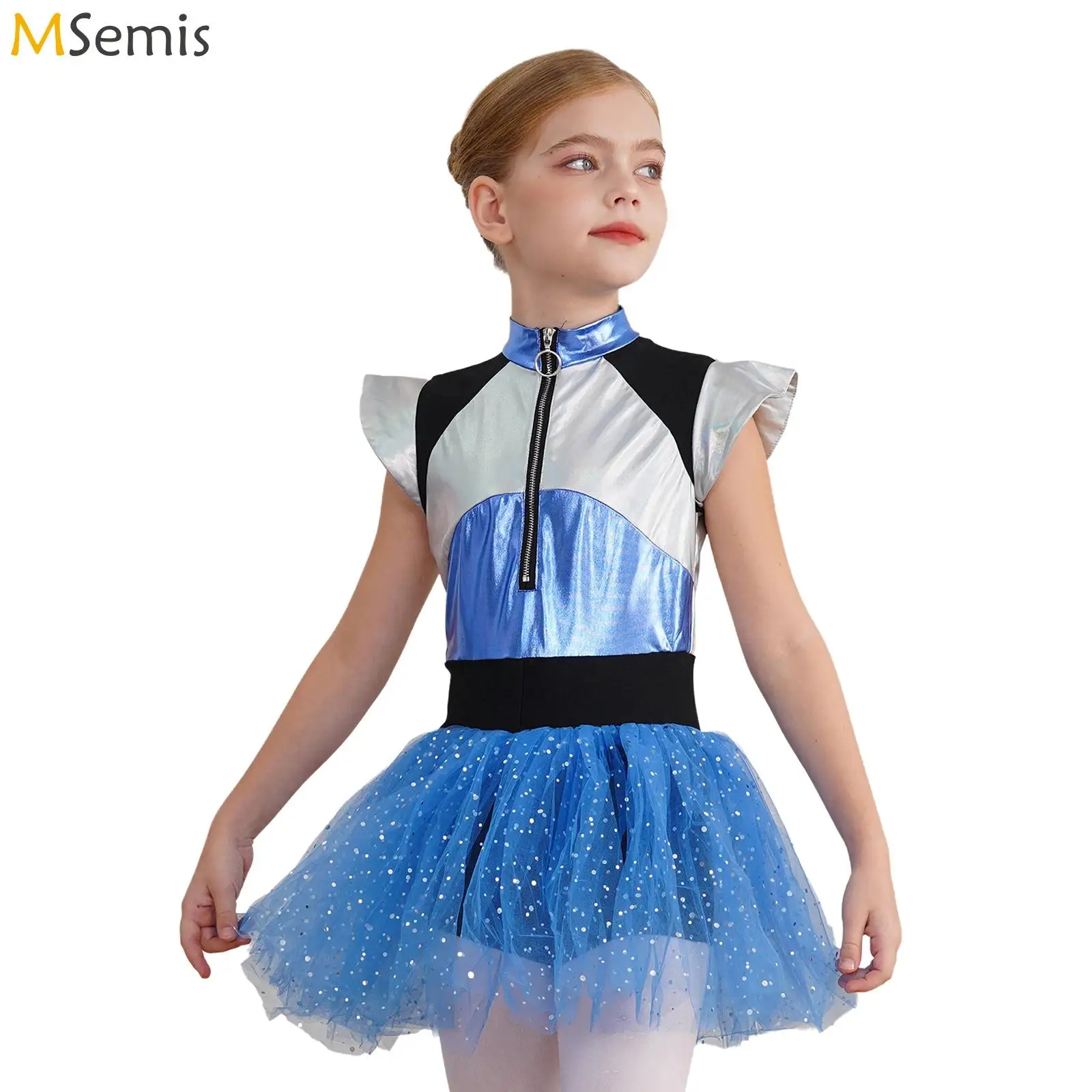 Kids Girls Cheerleader Alien Astronaut Costume Cheerleading Dress Shiny Spangles Tutu Dress Bodysuit Cosplay Performance Costume