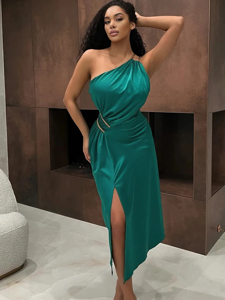 Stain Party Dress 2023 Women Green Christmas Dress Bodycon Elegant Sexy One  Shoulder Midi Evening Birthday Club Outfits Summer| | - AliExpress