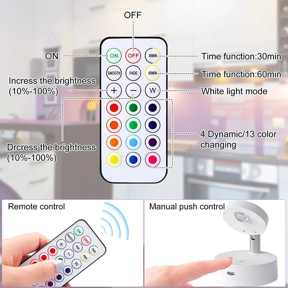 Wireless RGB Remote Spotlight Rechargeable Accent Lights LED Puck Lights Dimmable Timer Wall Lamp Uplight Angle Artwork Lighting 3