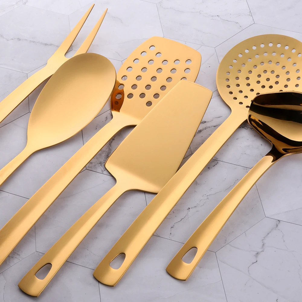 Gold Cooking Tools Set Stainless steel Soup Ladle Spatula Metal kitchenware Colander Rice Spoon Cake Shovel cookware