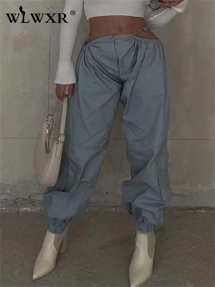 

WLWXR Fall Streetwear Buttons Baggy Pants Women 2022 Gray Hollow Out Pockets Black Pants Fashion Loose Cargo Bandage Pant Female