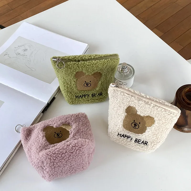 Cartoon Plush Bear Mini Cosmetic Bag Cute Girls Solid Color Portable Storage Bags Key Coin Pursse Small Wallets