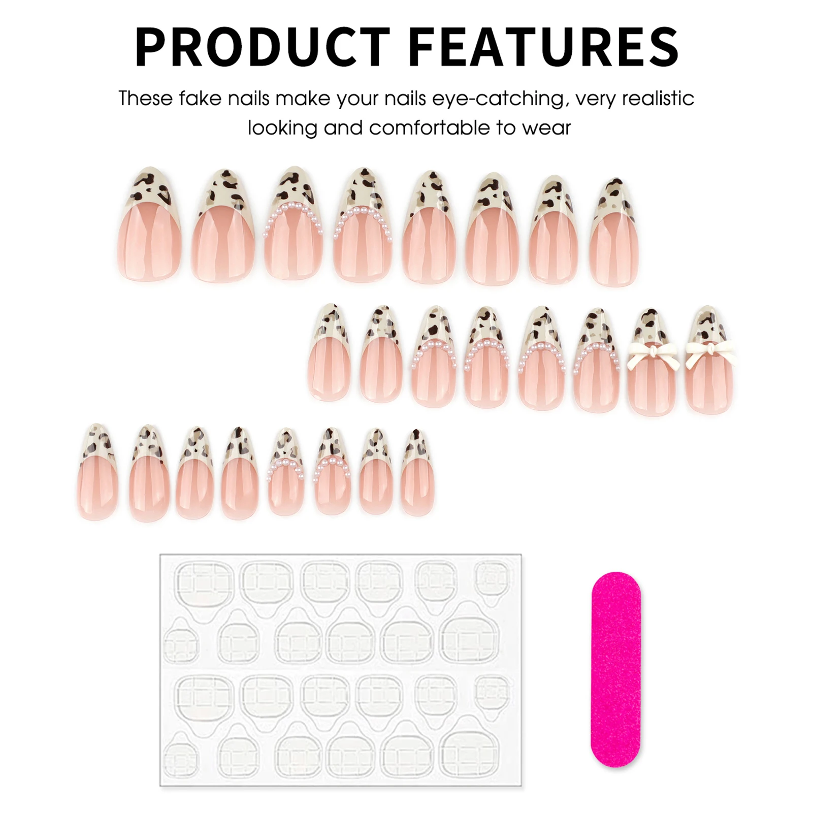 24 Stück Nude Almond Künstliche Nägel mit französischer Spitze, Leopardenmuster, Perlen, Schleifen und Sternchen für Damen Nagelkunst – Detail 7
