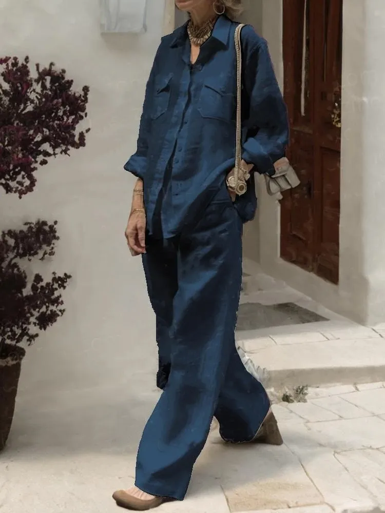 Spring Autumn Fashion Loose Long Pants Sets 2024 Women's Lapel Cotton Linen Solid Pocket Shirt Wide Leg Pants Two Piece Sets