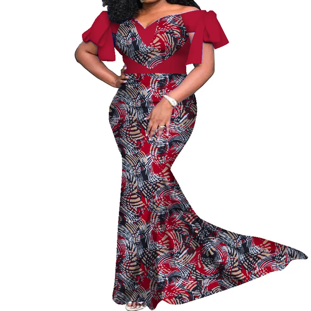 African Women Wedding Clothing with Heart Shape Slash Neck Dress Fashion Lady Elegant Wax Print Cotton Dresses WY7965