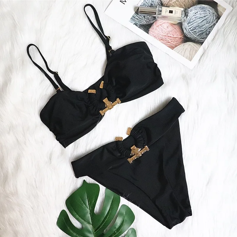 Women Bikini Metal Ring High Waist Two Piece Set Push Up Sexy Summer Swimwear Strapless Bathing Suit