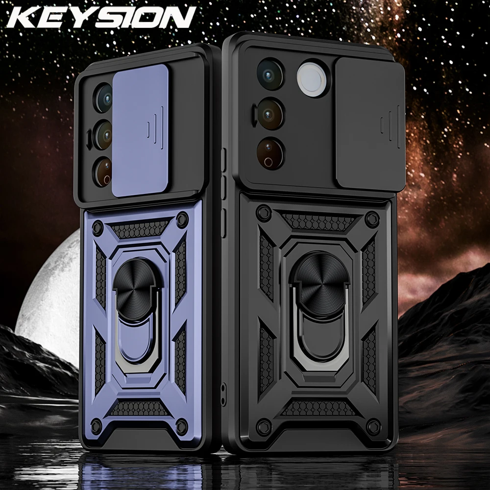 

KEYSION Shockproof Armor Case for VIVO V27 5G V27e V25e Slide Camera Lens Protection Ring Stand Phone Cover for VIVO Y36 5G Y35