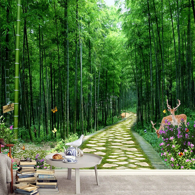 Chinese 3D Stereo Green Forest Bamboo Wallpaper Restaurant Study Teahouse  Living Room Pvc Waterproof Wall Stickers Wood Grain - AliExpress