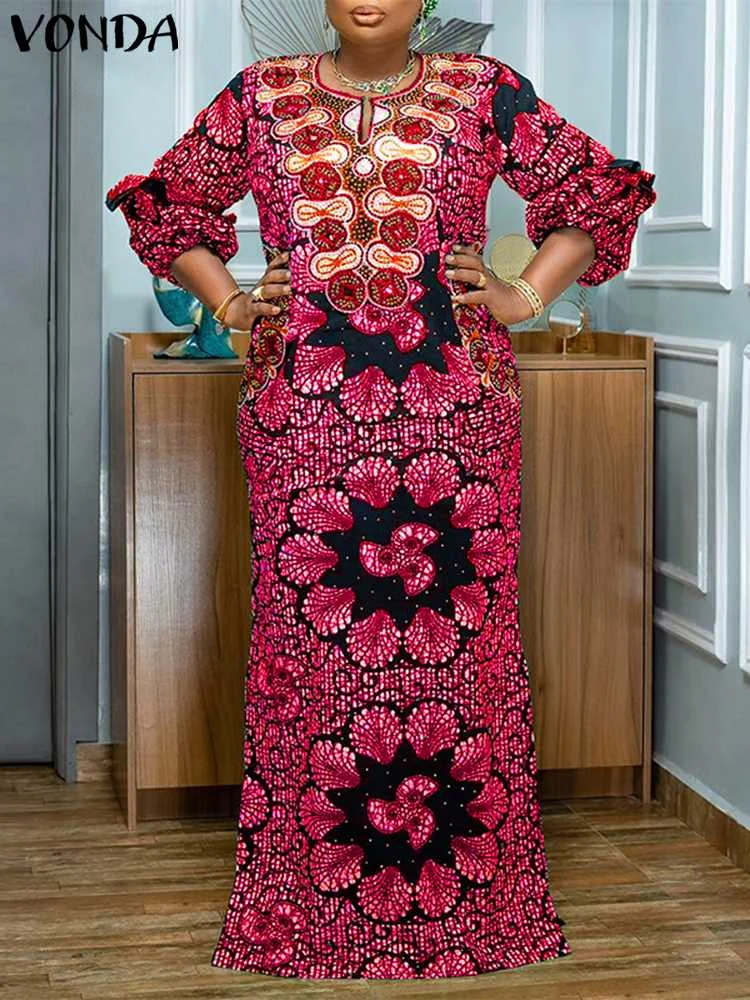 

Летнее платье-макси VONDA 2024, богемное женское винтажное платье с принтом, модное платье с V-образным вырезом и пышными рукавами, повседневное свободное платье