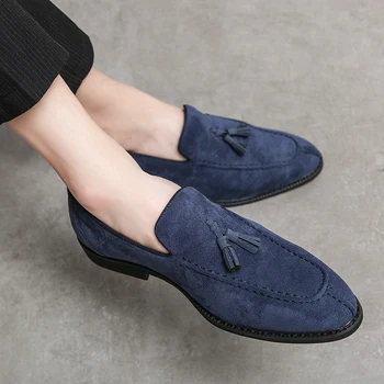Men's Loafers Brand Suede Leather Shoes Vintage Slip-on Classic Casual Men Driving Shoes Wedding Male Dress Shoes Tassel pointed 3