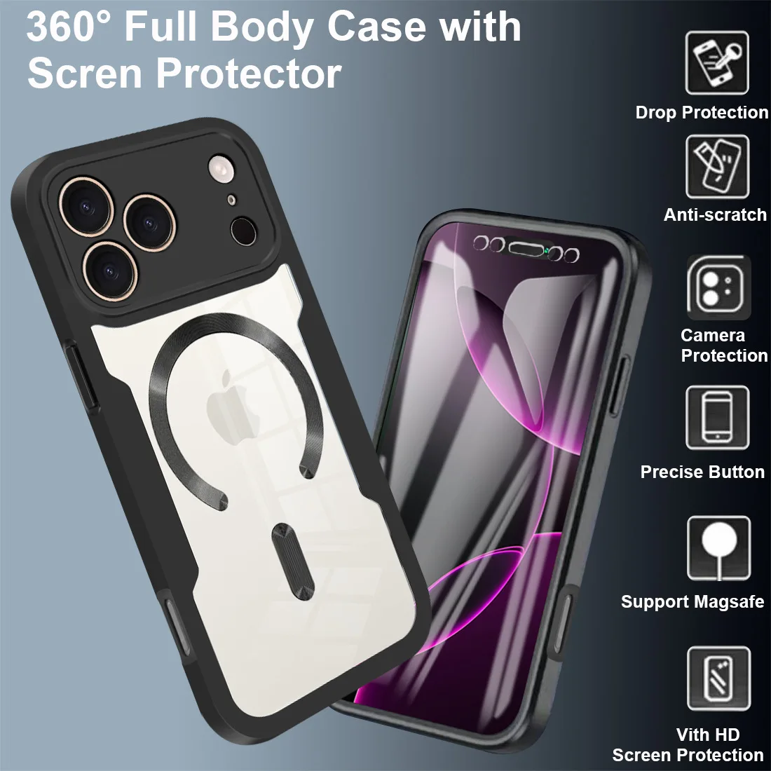 360 Full Body Transparent Screen Protector and Shockproof Phone Case