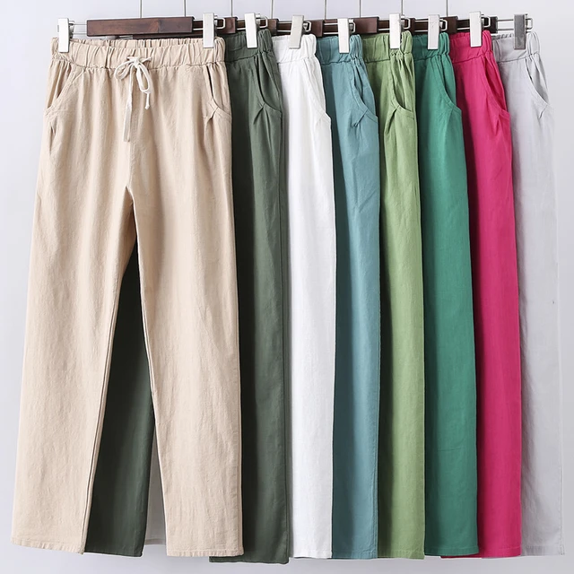 Plus Size Casual Women Cotton Linen Pants Elastic  Linen Trousers Women  Plus Size - Pants & Capris - Aliexpress