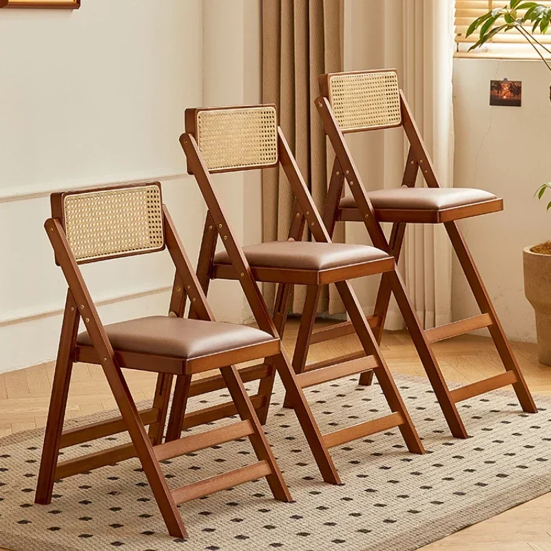 Modern Simple Folding Bar Chair Solid Wood High Stool Dining Room Japanese Style Rattan Back Dining Chair Nordic Furniture