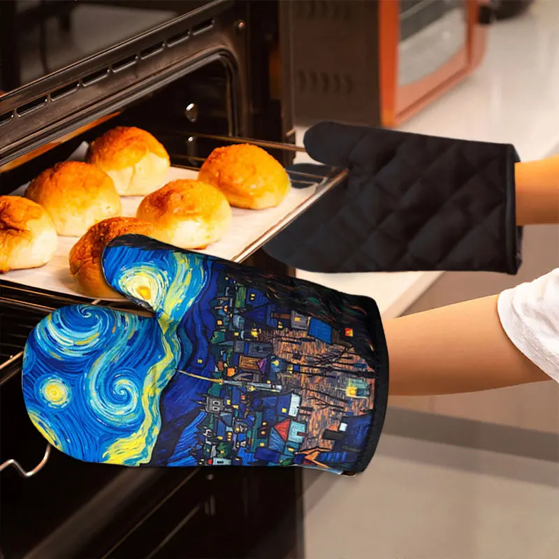 The Starry Night By Vincent Van Gogh Oven Mitts and Pot Holder Sets of 4 for Baking Kitchen Cooking BBQ Resistant Non-Slip Glove silicone oven mitts kitchen gloves silicone oven gloves cotton pot holders