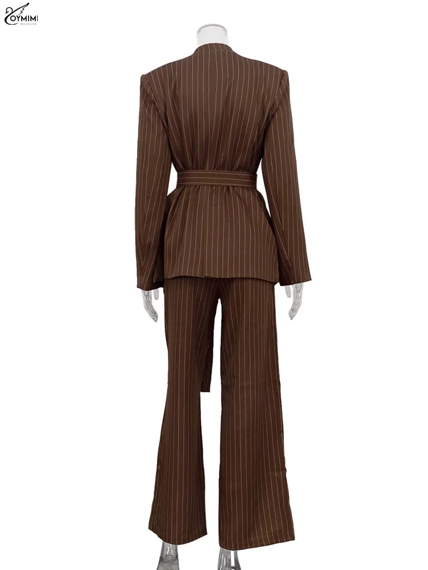 Oymimi 여성용 다크 브라운 프린트 투피스 세트, 우아한 브이넥 긴팔 레이스업 셔츠 및 스트레이트 전체 길이 바지 세트, 패션