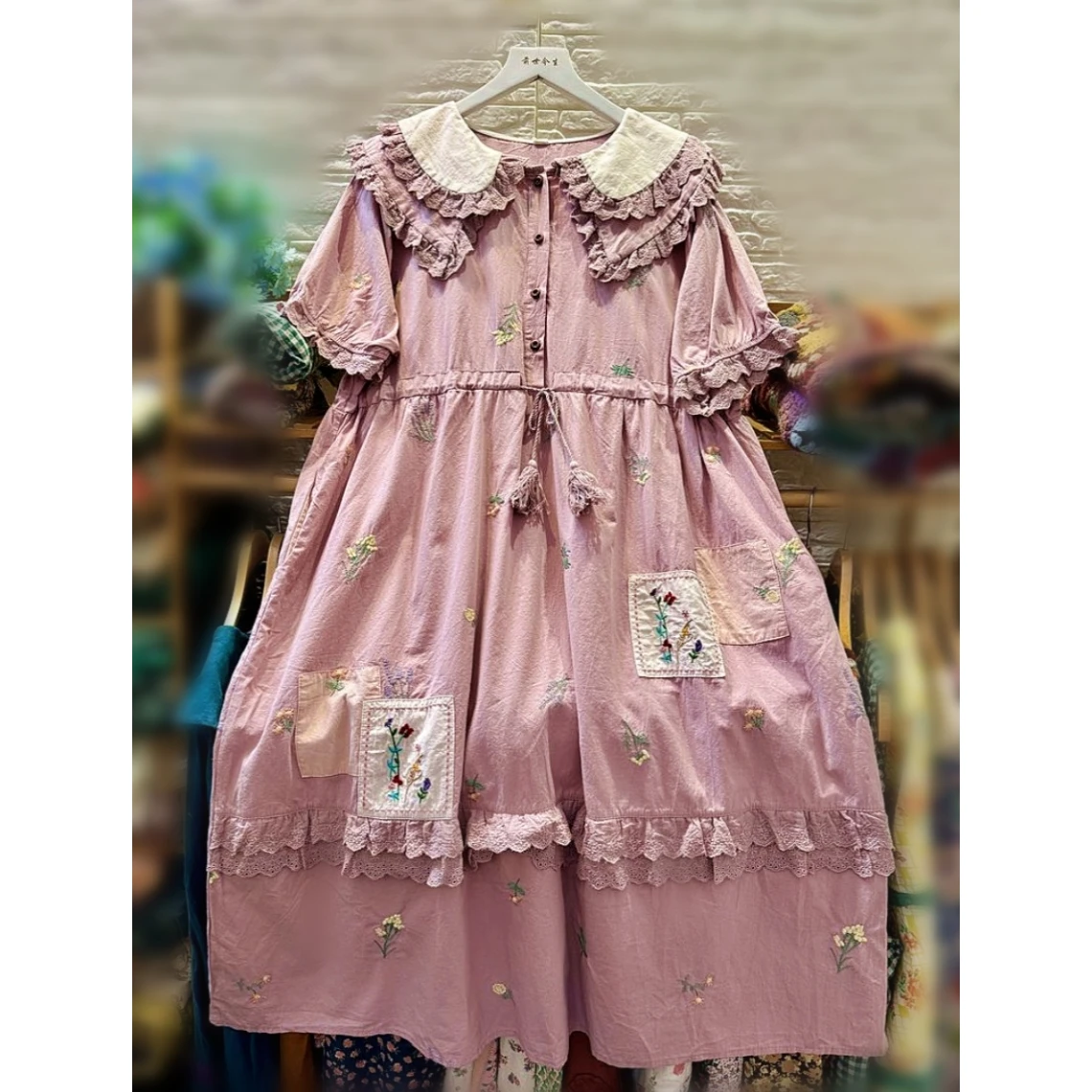 

Женское винтажное платье-туника средней длины, длинное Хлопковое платье с цветочной вышивкой, оборками и кружевом в стиле ретро, шикарное платье в стиле коттеджа на лето