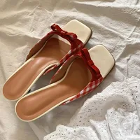 Retro Plaid Bow Sandals Kitten Heels White Red French Style Peep Toe Shoes Mixed Color Sweet and Cute Women's Vocation Shoes 1