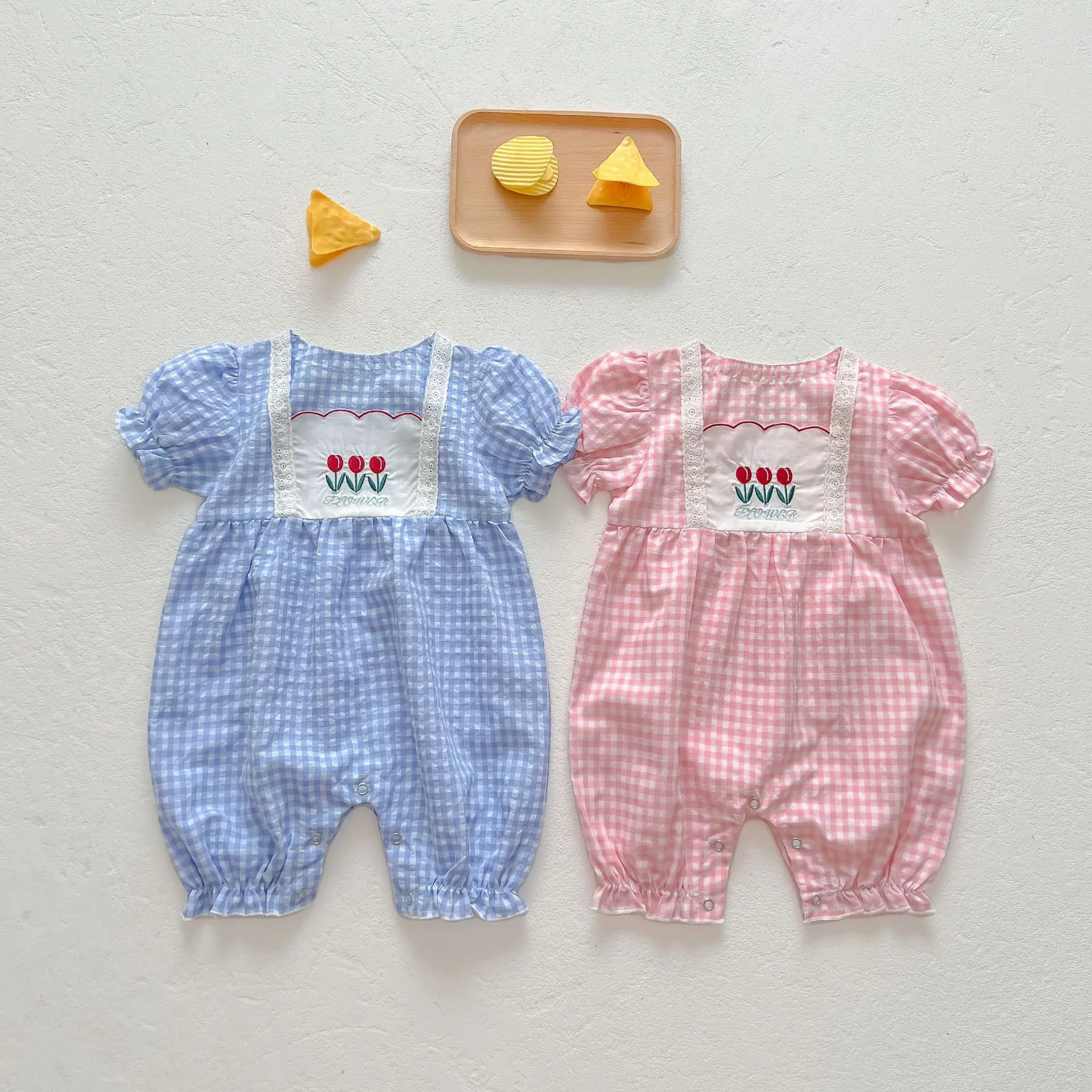

Summer 2022 Toddler Baby Short Sleeve Plaid Embroidery Floral Birthday Party Princess Jumpsuits Infant Girls Casual Rompers